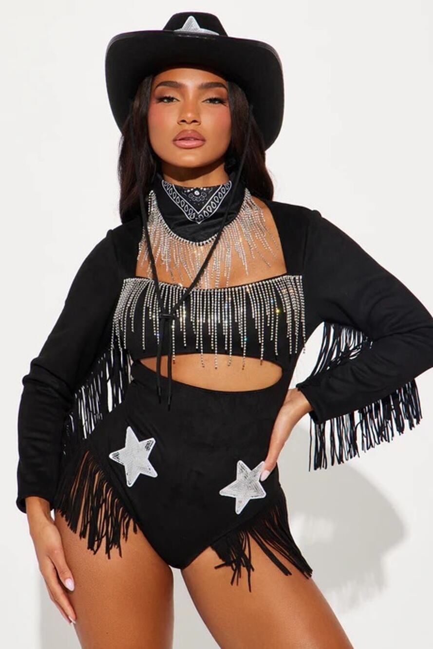 NEW Sexy Star Cowgirl Babe 3 Piece Costume Set - Black/Silver